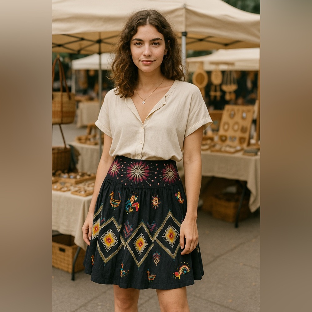 Nylon by Dex Embroidered Beaded Boho Skirt Black Cotton Silk Trim Size 6